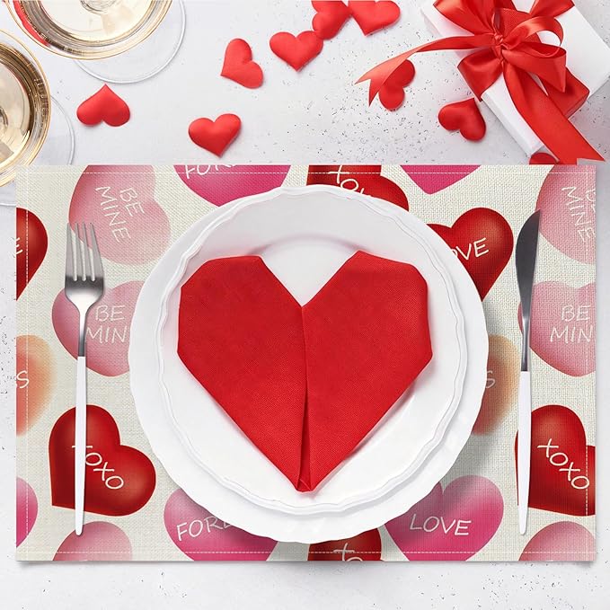 Valentine Placemats Set of 4, 12x18 Inch Be Mine Kiss XOXO Love Hearts Table Mats, Seasonal Anniversary Holiday Valentines Day Table Decorations for Kitchen Dining Home Party Decor