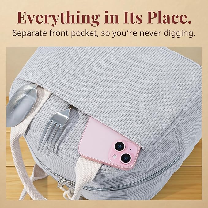 LOVELYWIND Insulated Lunch Bag for Women Men, Stylish Corduroy Tote Bag with Aluminum Lining, Large Capacity Reusable Cooler for Work, Travel, or Beach, Cloud Gray Lunch Box