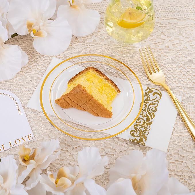 700 Pieces Gold Dinnerware Set - 100 Guests Clear Disposable Dinnerware Set for Party, Wedding, Include: 200 Clear Plates with Gold Trim, 100 Cups, 100 Napkins, 100 Plastic Silverware Sets