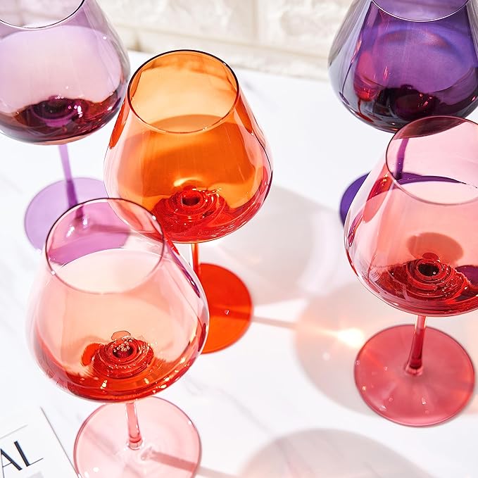 Khen Sunset Colored Crystal Wine Glass Set of 5, Large 20 OZ Glasses, Bright Italian Style Tall Stemmed Drinkware for Red & White Wine, Water Dinner Glasses, Color Beautiful Glassware - (Stemmed)