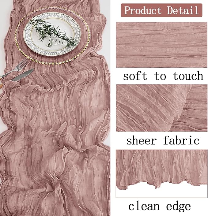 4 Pack Dusty Pink Cheesecloth Table Runner 20 x 120 inch Gauze Table Runners 10 FT Long,Semi Sheer Cheese Cloth Fabric Table Runner Bulk for Wedding,Party,Baby Shower,Bridal Shower Decoration