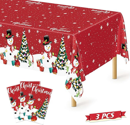 QZYL 3 Pack Christmas Tablecloths, 54" x 108" Snowman Christmas Decorations, Rectangle Holiday Plastic Tablecloth Xmas Disposable Table Cover, Xmas Table Decor Holiday Party Supplies