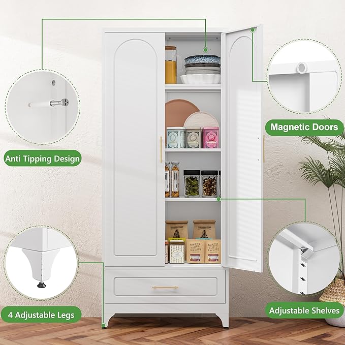 75??Kitchen Pantry Storage Cabinet,Metal Tall Storage Cabinet with Drawers and Adjustable Shelves,Modern Kitchen Hutch Cabinet,Freestanding Cupboard for Dining Room