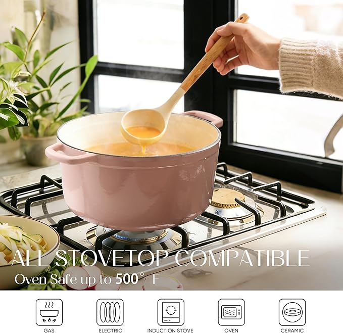 CAROTE 5QT Enameled Cast Iron Dutch Oven Pot with Lid, Heavy-Duty Dutch Ovens for Sourdough Bread Baking, Braising, Roasting, Dual Handles, Healthy & Non-Toxic, All Stovetop Compatible, Oven Safe up to 500째 F, Macaron Pink