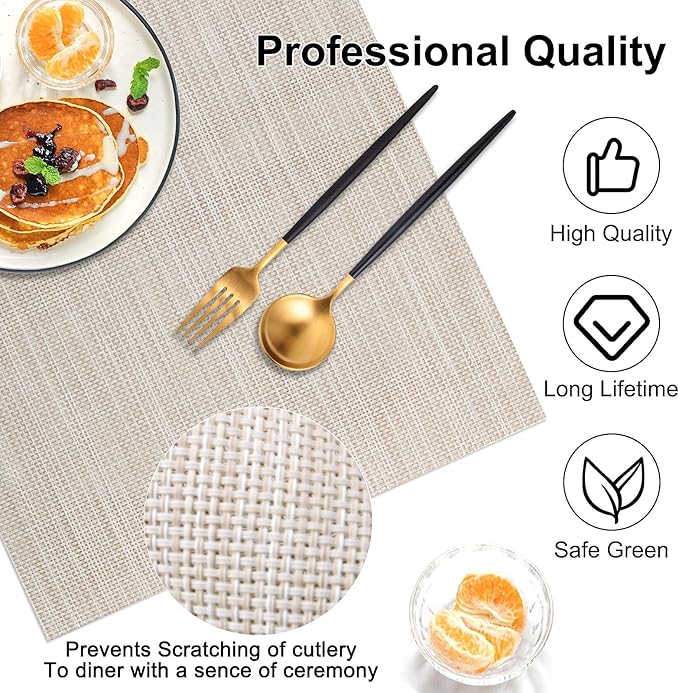 LANDVIEW Vinyl Placemats Set of 8, PVC Woven Washable Non-Slip Table Mats, Heat Resistant Wrinkle Free Place Mats for Dining Table, Easy to Clean (8, Beige)