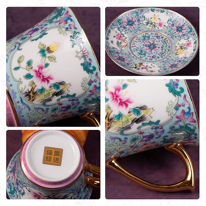 KAMMAK Tea Cups and Saucers Set of 2, Porcelain Coffee Cups with Saucer for Espresso, Cappuccino, 8oz Vintage Pink and Blue Ceramic Novelty Mug for Home, Tea Party, Office