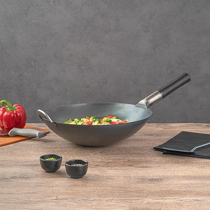 Motomori 14 Inch Pre-Seasoned Carbon Steel Wok, 10 Traditional Japanese Woks - Round Bottom, Wooden Handle, Black Carbon Steel Traditional Stir Fry Pans, With Helper Handle - Restaurantware