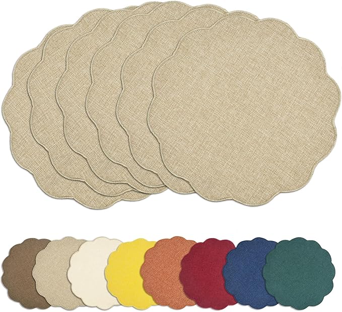 AHHFSMEI Round Faux Linen Placemats Set of 6 Waterproof Table Mats Heat Resistant Non-Slip and Stain Proof for Kitchen Dining Elegant Decor (Linen Beige,6)