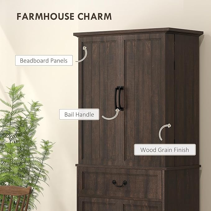 HOMCOM 71" LED Kitchen Pantry Cabinet, Farmhouse Tall Freestanding Storage Cabinet with Door Shelves, Adjustable Shelves and Drawer for Kitchen and Dining Room, Distressed Brown