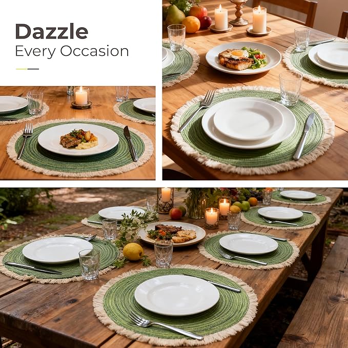 Leetaltree 15 Inch Boho Braided Christmas Placemats Set of 6 - Round Cotton Table Mats with Tassel Fringe Washable & Heat Resistant for Dining Table, Farmhouse Kitchen Decor(Green,Set of 6)