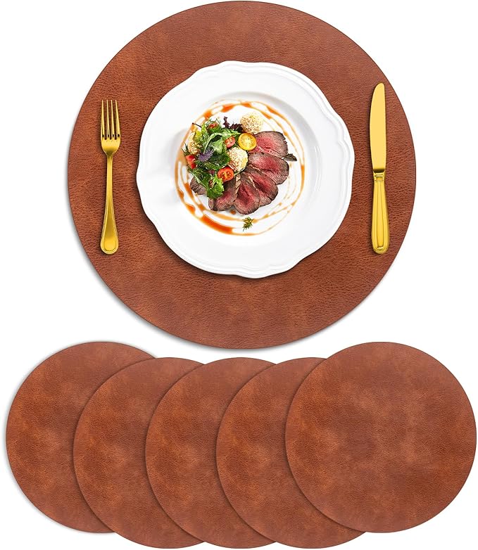 ADRIMER Placemats, Heat Resistant Round Placemats Set of 6 Washable, Waterproof Table Mats, Wipeable Faux Leather Place Mats for Kitchen, Dining Room, Dark Brown