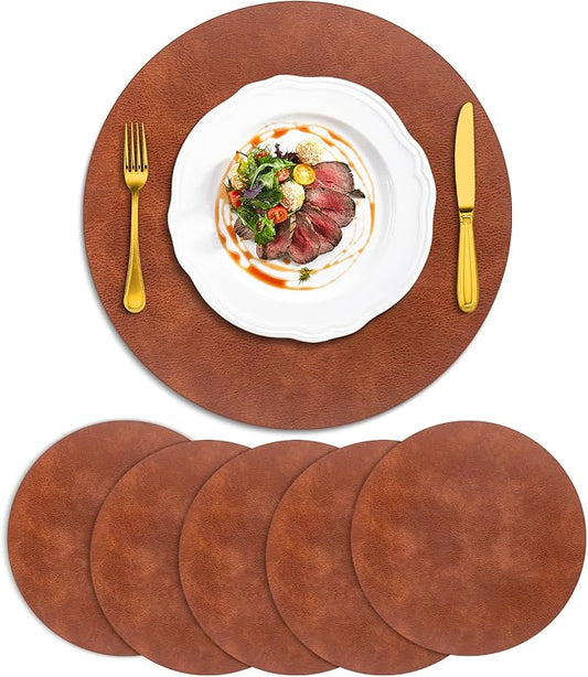 ADRIMER Placemats, Heat Resistant Round Placemats Set of 6 Washable, Waterproof Table Mats, Wipeable Faux Leather Place Mats for Kitchen, Dining Room, Dark Brown
