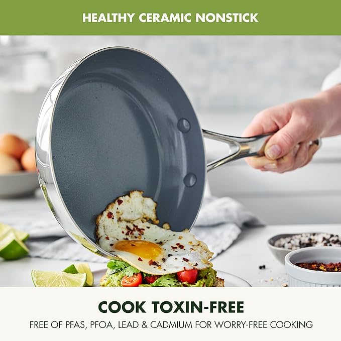 GreenPan Valencia Pro Tri-Ply Stainless Steel 8??and 10??Frying Pan Skillet Set, Ceramic Nonstick PFAS-Free Coating, Multi Clad Cookware, Induction, Dishwasher Oven and Broiler Safe
