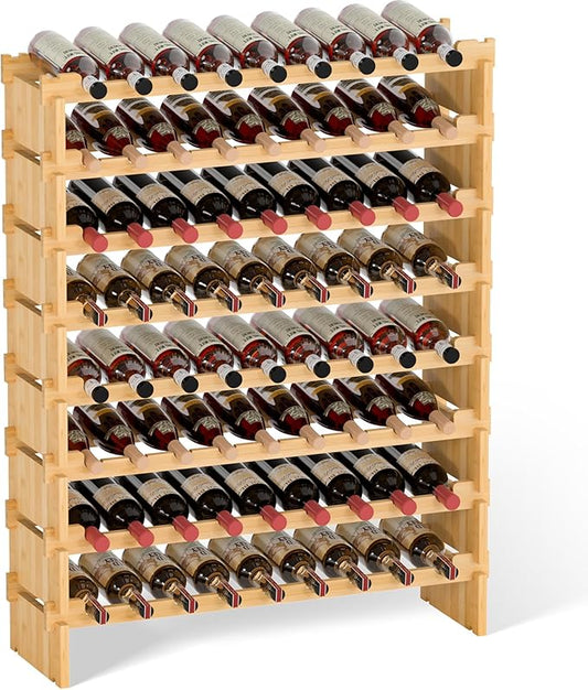 Domax Wine Rack Freestanding Floor - Bamboo Wooden Stackable 8 Tiers 72 Wine Bottle Holder Storage Racks for Kitchen, Bar, Pantry and Cellar (Yellow)