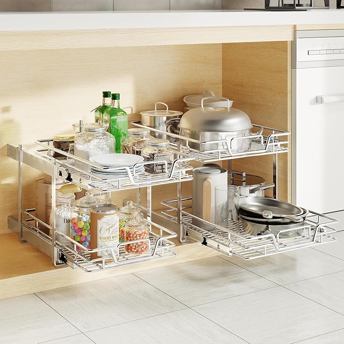 2p慣ck 2-Tier Kitchen Cabinet Pull Out Shelf and Drawer Organizer Slide Out Pantry Storaqe Basket in Multiple Sizes (2x(12" W x 18" D))