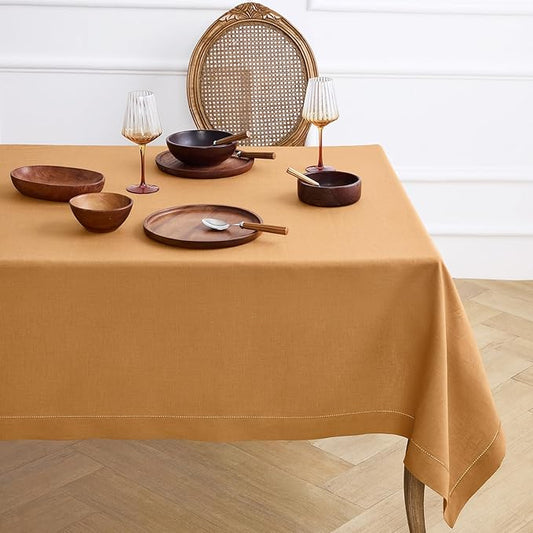 Solino Home Brown Sugar Linen Tablecloth 60 x 90 Inch - Classic Hemstitch, 100% Pure Linen Rectangular Tablecloth - Machine Washable Table Cloth