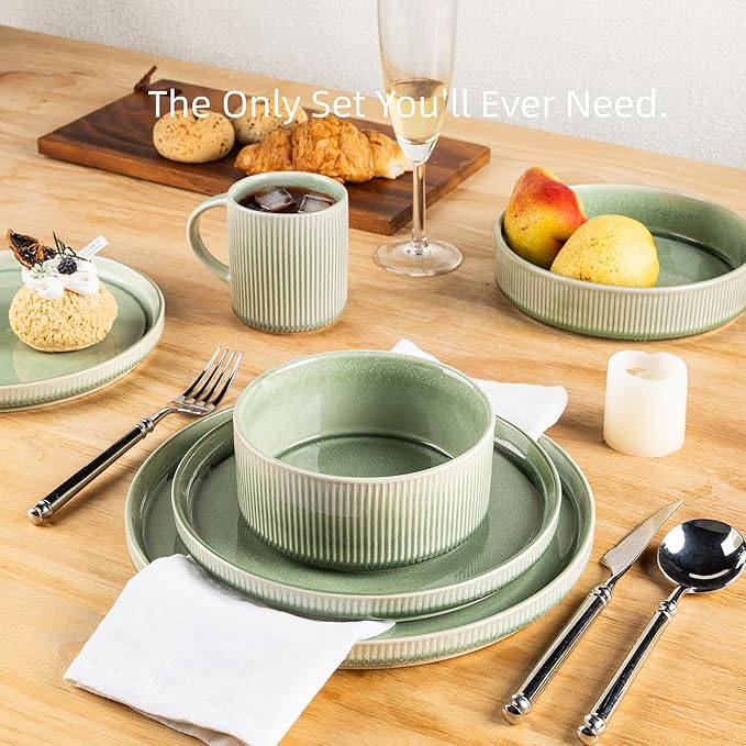 GBHOME Stoneware Dinnerware Sets for 6,Round Reactive Glaze Ceramic Plates and Bowls Set,Highly Scratch Resistant | Dishwasher & Microwave Safe Dishes Set,Service for 6(18Pcs)竊똋ight Green