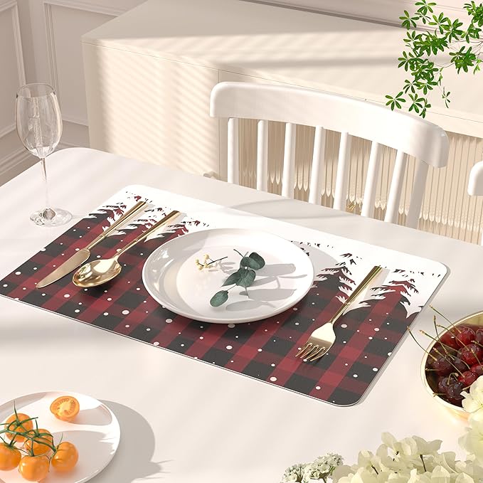 QIYI Christmas Placemats Set of 6, 12x18 Inch Faux Leather Place Mats for Kitchen Dinning, Heat Resistant Anti Slip Winter Table Mats, Waterproof Wipeable Placemat Party Table D챕cor, Red Buffalo Plaid