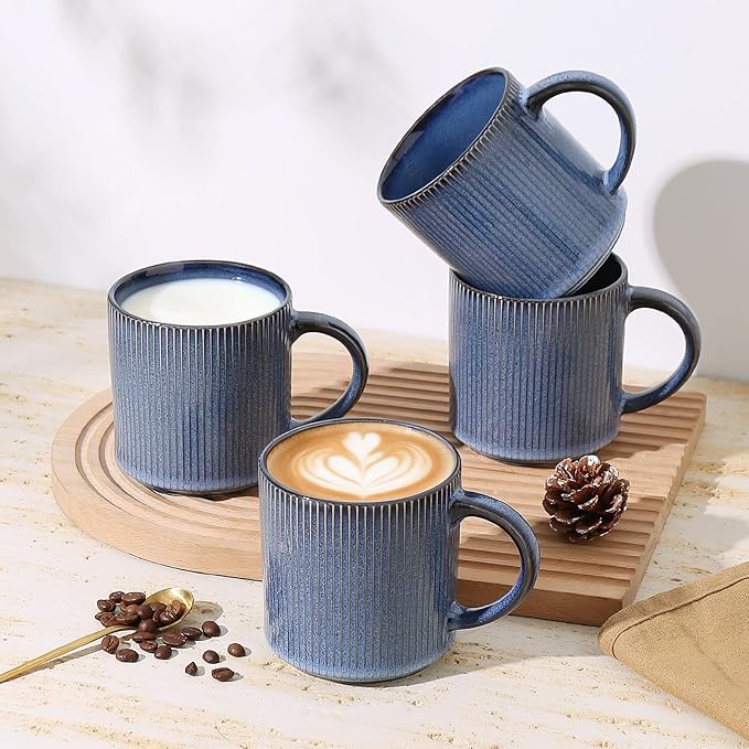 MONITO 16Oz Coffee Mugs Set of 4, Rustic Ceramic Coffee Cups Set with Large Handle, Vintage Striped Stoneware Coffee Mugs for Latte, Cocoa, Tea, Milk, Microwave & Dishwasher Safe, Deep Blue