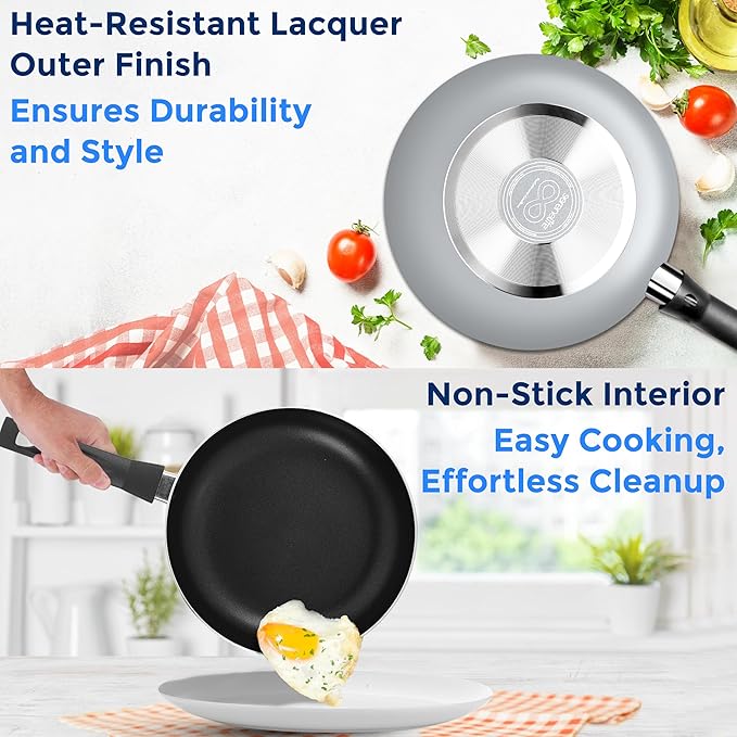 SereneLife Kitchenware Pots & Pans Basic Kitchen Cookware, Black Non-Stick Coating Inside, Heat Resistang Lacquer (11 Piece set), One Size, Gray