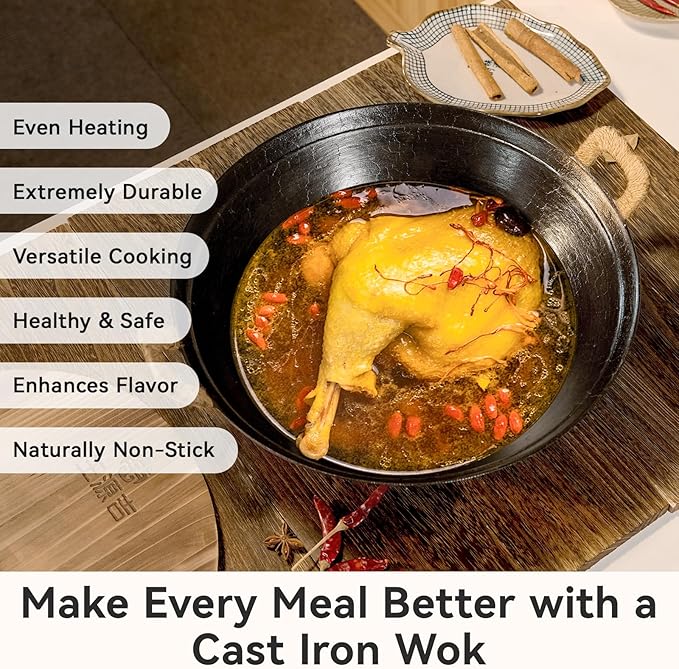 WANGYUANJI 14.2 inch Flat-Bottom Cast Iron Wok Pan with Lid, Dual Handles, Traditional Handcrafted Chinese Wok, Coating-Free, Not Pre-Seasoned ??Works with Induction/Gas/Ceramic Cooktops
