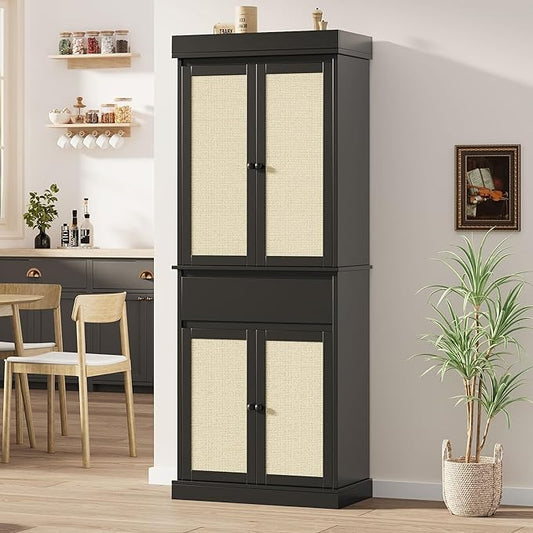 Tall Kitchen Pantry Cabinet with Rattan Doors, Adjustable Shelves & Drawer, Freestanding Storage Cupboard for Bathroom, Dining Room & Living Room（New Black）
