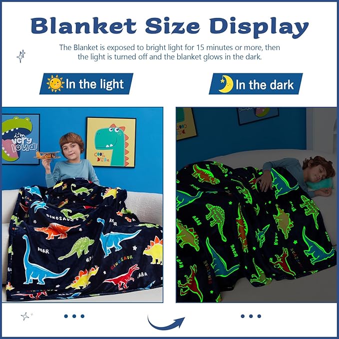 QSTEHEML Dinosaur Glow in The Dark Blanket,Dinosaur Gifts Toys for Boys Age 3 4 5 6 7 8 9 10 11 12 Year Old, Soft Throw Blanket for Kids Boys- Christmas Birthday Bedroom Decor 50"횞60"