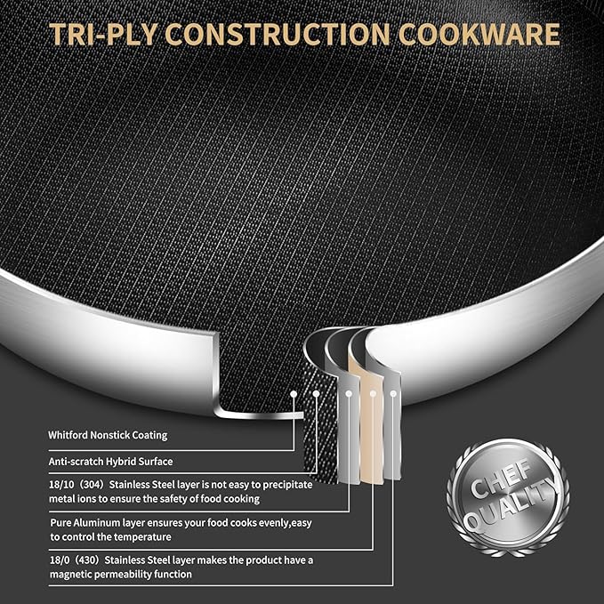 Tri-Ply Stainless Steel Paella Pan Large Saute Pan with Lid (Stainless Steel, Hybrid 13.5 INCH)