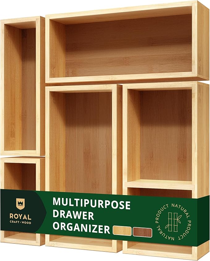 ROYAL CRAFT WOOD 5-Piece Bamboo Drawer Organizer Set ??Multi-Use Storage Trays for Kitchen, Bathroom, Office, Makeup, Jewelry & More ??Junk Drawer Tray, Utensil Holder, Storage Box & Bin Set (5 Boxes)