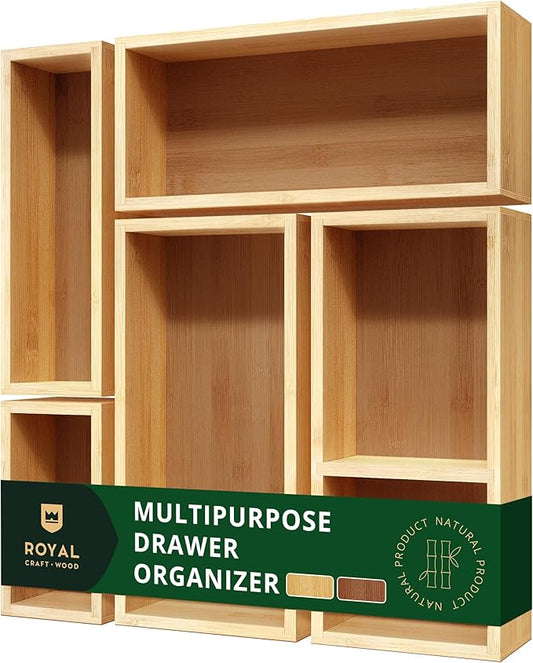 ROYAL CRAFT WOOD 5-Piece Bamboo Drawer Organizer Set ??Multi-Use Storage Trays for Kitchen, Bathroom, Office, Makeup, Jewelry & More ??Junk Drawer Tray, Utensil Holder, Storage Box & Bin Set (5 Boxes)