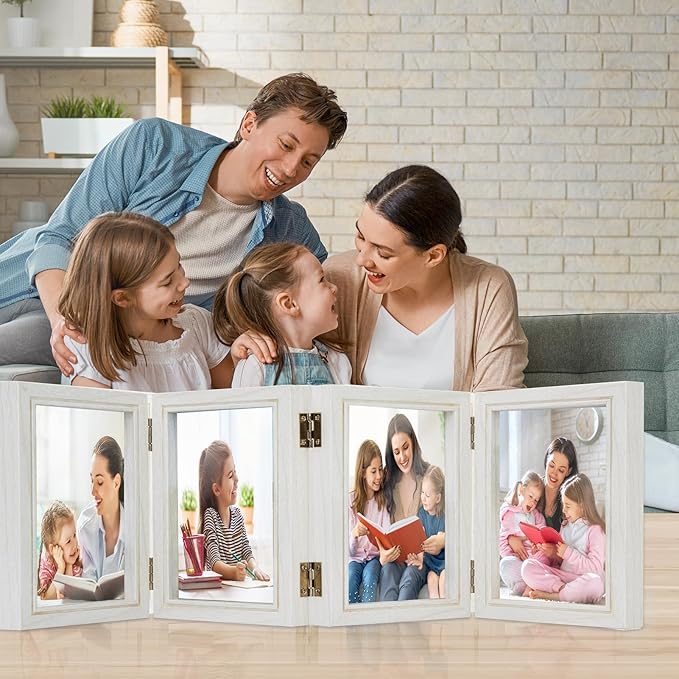 5x7 Four Picture Frame 4 Hinged Photo Frame with 4 Openings, Natural Wood Foldable Photo Frame with High Definition Acrylic for Birthday Father's Day Christmas Gift, Rustic Desk Family Picture Collage, White