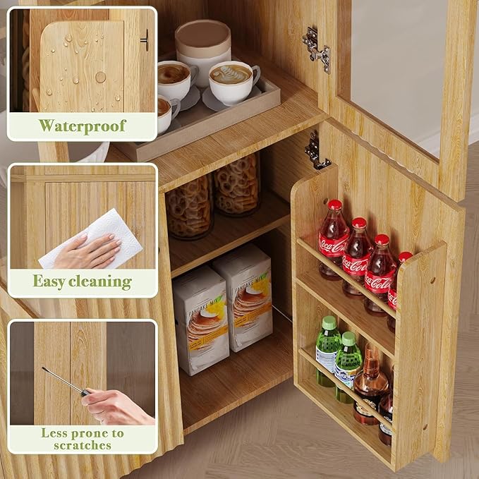 LINLUX Tall Arched Cabinet, 71??Versatile Modern Farmhouse Flute Pantry with 2 Tier Adjustable Shelves for Kitchen, Dining Room, Bathroom Anti-Tipping Device, Natural Wood