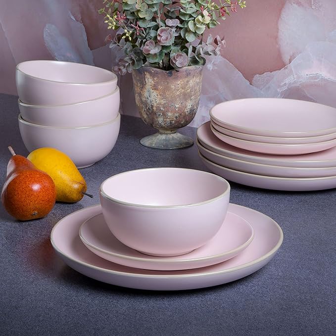 Gibson Home Rockaway 12-Piece Round Stoneware Dinnerware Set, Service for 4 ??Pink Plates and Bowls, Modern Matte Finish, Microwave & Dishwasher Safe
