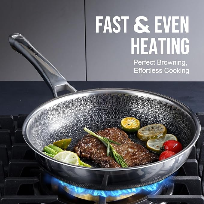 10 Inch Hybrid Nonstick Frying Pan, Stainless Steel Pan Non Stick Skillet, PFOA Free Cookware, Non Toxic Chef's Pan, Compatible with Electric, Gas and Induction, No Lid