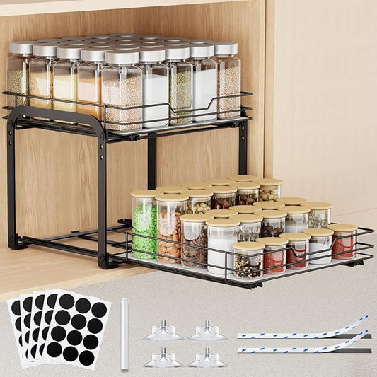 Spice Rack Organizer for Cabinet, 2 Tier Pull Out Spice Rack ??Heavy Duty Metal Spice Organization for Cabinet, 50-Jar Capacity, Height Adjustable Cabinet Organizer (11.5W" X 10.5"D X 9"H, Black)