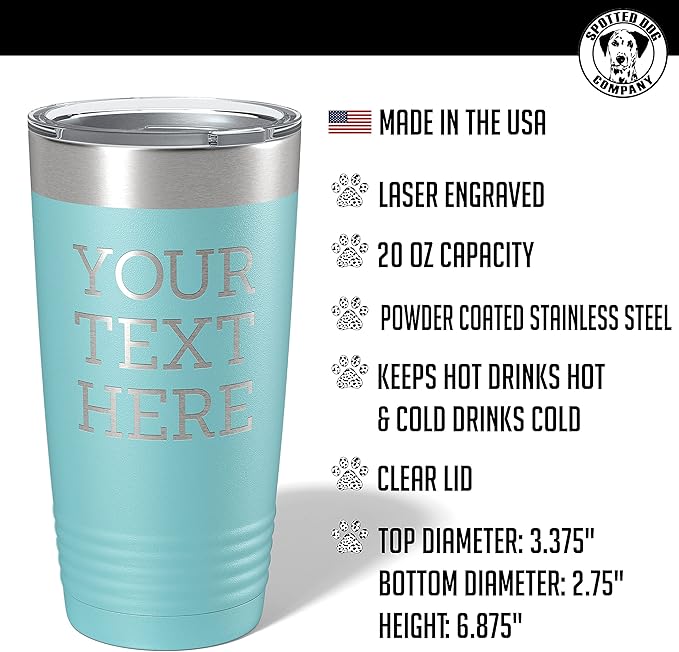 Personalized 20oz (17 Colors) Powder Coated Insulated Stainless Steel Tumbler with Lid, Custom Etched, Customized Text Message Name, Engraved Gift Idea Women Men Him Her, Your Text Here (Teal)