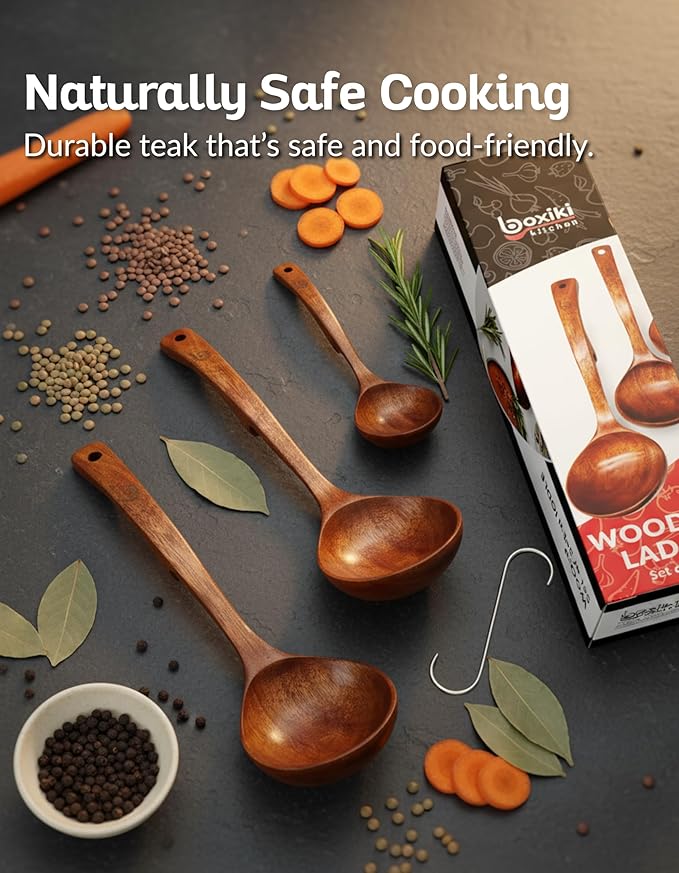 Soup Spoons - Luxury Teak Wood Ladle Set of 3 ??Chef-Grade, Eco-Friendly Wooden Cooking Utensils with Reinforced Neck Joint & Anti-Slip Notch Handle ??Multi-Size, Gift-Ready Ladle Spoons Set