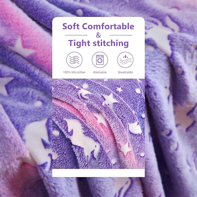 QSTEHEML Unicorns Glow in The Dark Blanket for Girls,Unicorn Gifts for Girls Age 3 4 5 6 7 8 9 10 11 12 Year Old, Soft Unicorns Purple Blanket - Christmas Birthday Bedroom Decor 50"횞60"