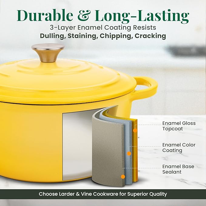 Larder & Vine Enameled Cast Iron 5.7qt Dutch Oven Pot with Lid | Bread Baking | Compatible on All Cooktops & Oven Safe to 500째 F | Great for Sourdough Bread | Limoncello