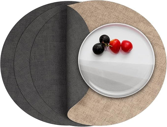 Myir JUN Round Placemats Dual Sided, Faux Leather Place Mats Set of 4 Indoor Placemat for Dining Table Outdoor Place Mat Non-Slip Washable Table Mats (Gray Beige, Set of 4)
