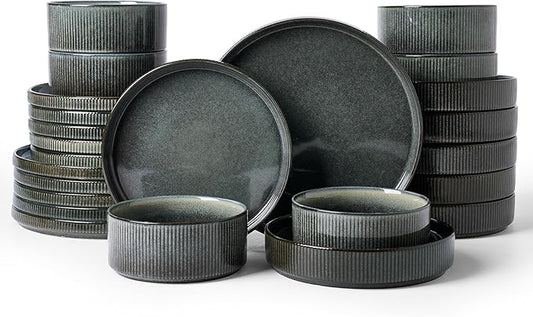 Famiware Star Stoneware Dinnerware Sets for 6 (24pcs), Chip and Scratch Resistant, Microwave & Dishwasher Safe Complete Dishes, Pasta Bowl, Cereal Bowl, Dinner Plate, Salad Plate, Ribbed, Deep Forest