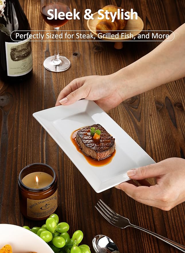 Yedio Porcelain Rectangular Dinner Platters, 9.75 Inch Rectangle Serving Plates for Sushi, Snacks, Cake, Meat & Appetizers, Set of 4, Elegant White Design