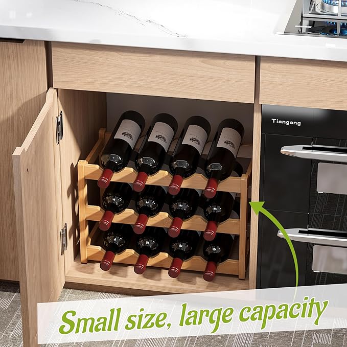 BMOSU Bamboo Wine Rack Wine Storage Cabinet Shelf 12 Bottle Wine Racks Countertop Sturdy for Kitchen Dining Room Pantry - 3 Tiers Wine Rack(Natural)