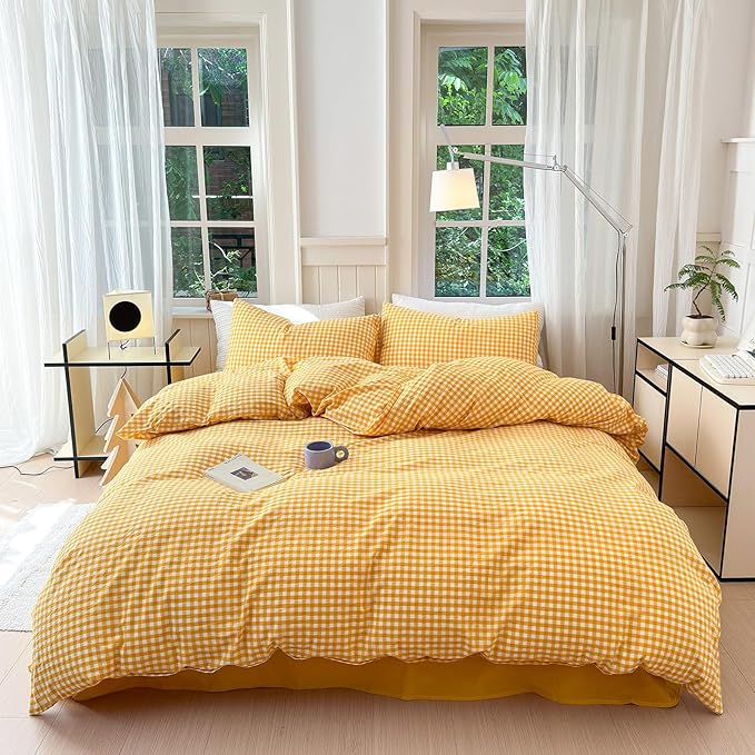LifeTB Queen Comforter Set Modern Style Yellow Gingham Comforter Geometric Plaid Printed Bedding Comforter with 2 Pillow Shams Fluffy Lightweight Gingham Bedding Grid Checkered Comforter Set