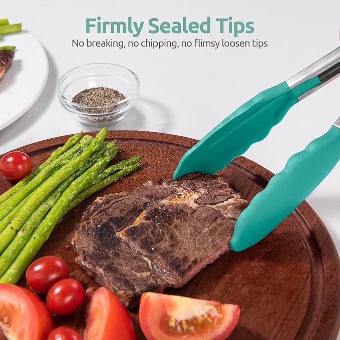 600쨘F Heat Resistant Kitchen Tong: U-Taste 7in Silicone Cooking Tong with Firm Sealed Non Stick Rubber Tips & Silicon Coated 18/8 Stainless Steel Handle & Smooth Locking for Serving Salad (Aqua Sky)