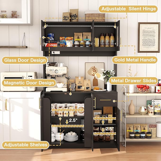 Kitchen Hutch Storage Cabinet: 71" Tall Black Pantry Cabinet with Microwave Shelf, Shaker Style Food Storage Cabinets with Doors and Countertop, with Lights and Charging Station (Black)