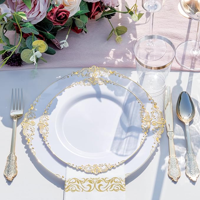 Nervure 350PCS Gold Plastic Dinnerware - White and Gold Disposable Plates for 50 Guests - 100 White Disposable Plates, 150 Plastic Silverware, 50 Cups, 50 Napkins for Wedding & Party