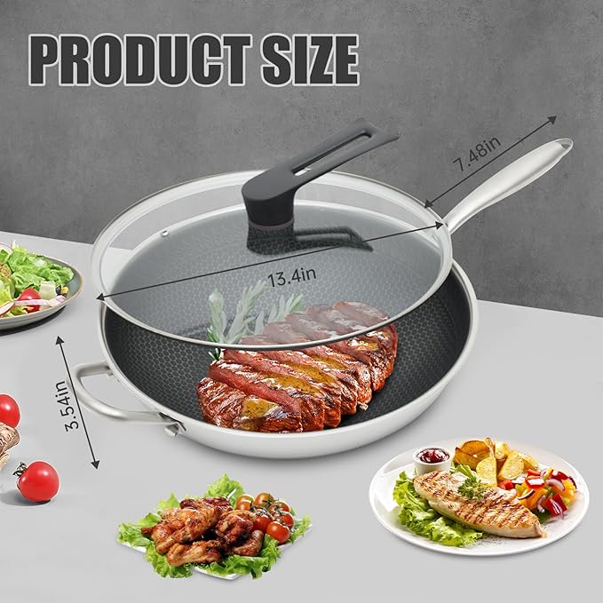 13.4??Stainless Steel Wok Pan with Lid ??Honeycomb Non Stick Stir Fry Pan for Induction, Gas, Electric & Ceramic Cooktops ??Tri-Ply Deep Frying Wok with Stay-Cool Handle, PFOA-Free
