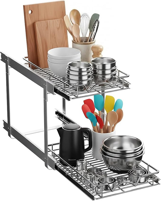 HOLDN??STORAGE Two Tier Pull Out Cabinet Organizer, Individual Sliding Drawers - Heavy Duty Metal with Lifetime Limited Warranty - Anti Rust Chrome Finish - 12" W x 21?쒭 x 16.5" H
