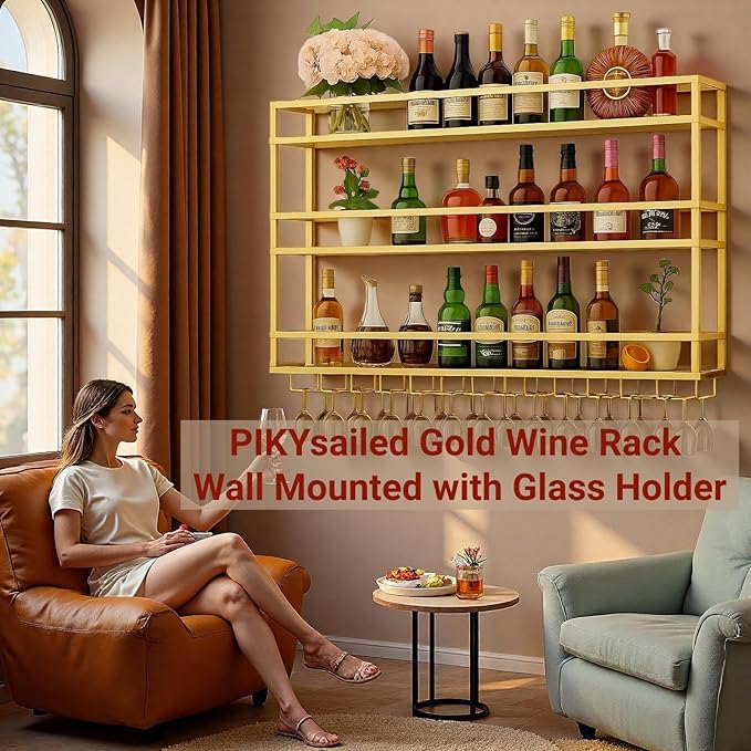 39 Inch Metal Wine Rack Wall Mounted, Bar Shelves Wall Mounted with LED Light, Large 3-Tier Liquor Bar Display Shelf with Wine Glasses for Home Bars, Dining Room & Kitchen, Gold